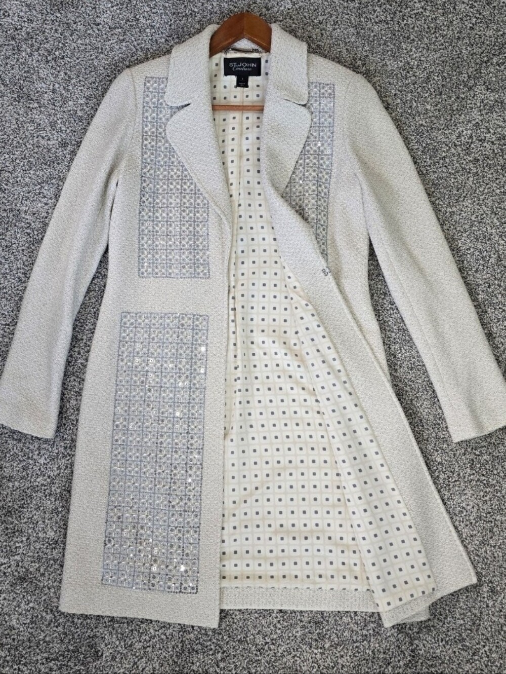 St. John Couture Runway Sequin Windowpane Tweed Duster Coat Jacket Cream 6